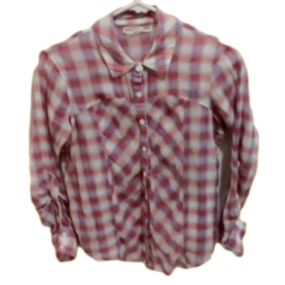 (192) Billabong, western women's red & blue plaid shirt, with side lace inserts